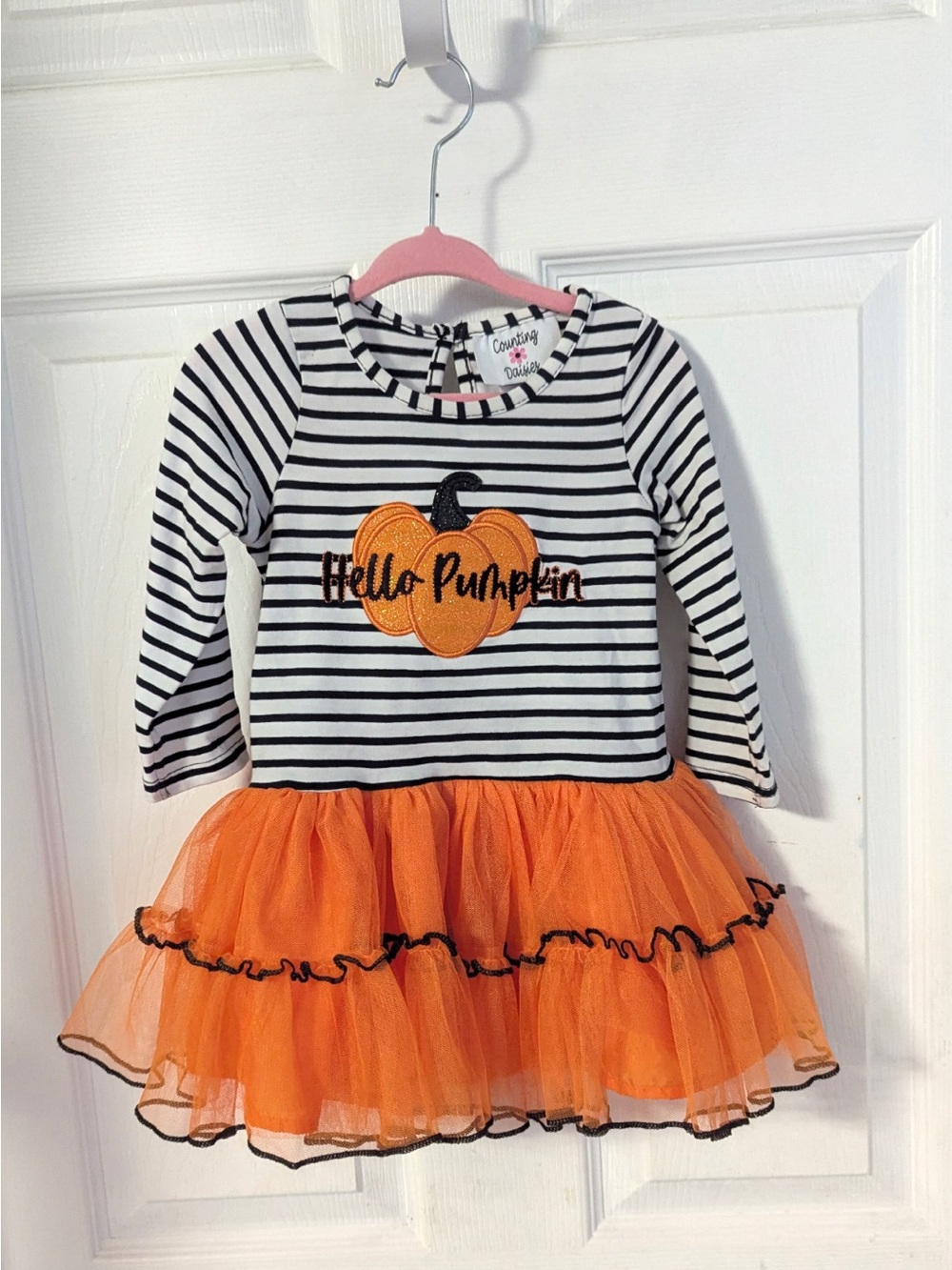 Striped Black & White 'Hello Pumpkin' Orange Tulle Kids Costume Dress